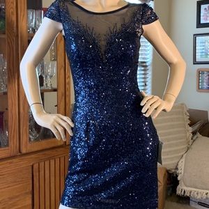 Sean Collection Navy Sequined Beaded Mini Dress Sm